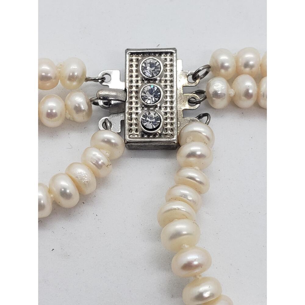 Freshwater Pearl Necklace 3 Strand White Rhinestone Spacers Silver Tone Layered - Picture 9 of 15